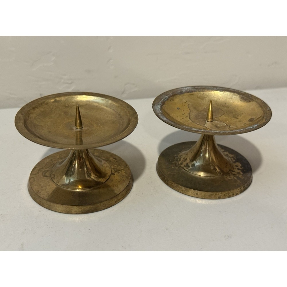 Vintage Mid Century Brass Pillar Candle Holders Pair with Spike Gold MCM Altar